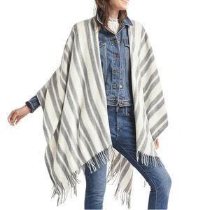 GAP Boho Fringed Poncho Cream & Gray Striped Wool Blend Oversized Size XS/S | OS